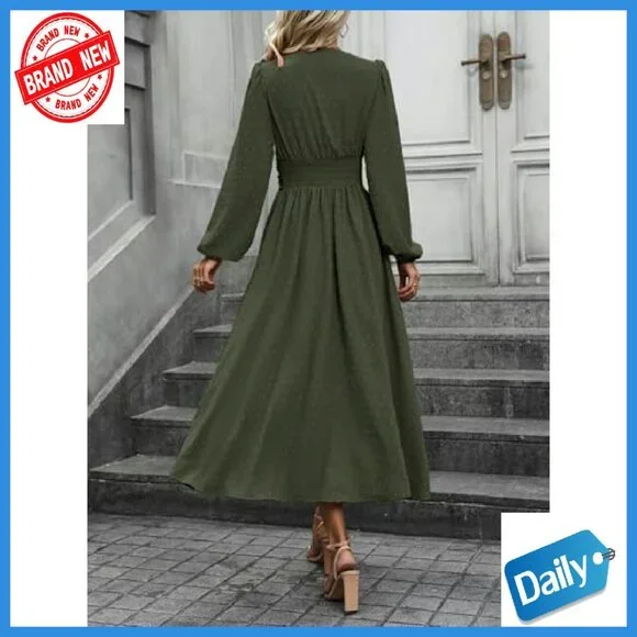 Swiss Dot Maxi Dress V-Neck Long Lantern Sleeves A-Line Flowy - Picture 4 of 8